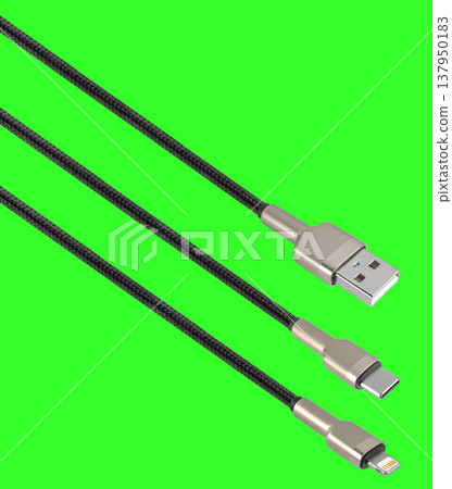 cable and connector USB, Type-C, Lightning, on a green background cable and connector USB, Type-C, Lightning, on a green background 137950183