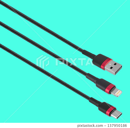 cable and connector USB, Type-C, Lightning, on a blue background 137950186