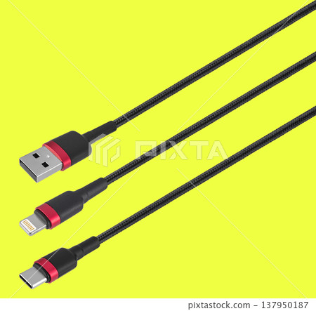 USB cable and connector, Type-C, Lightning, on a yellow background 137950187