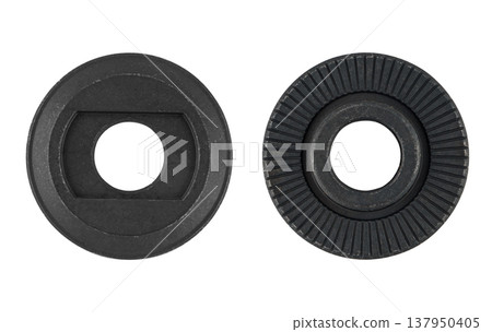 metal nut, washer, spare part for equipment, on a white background 137950405