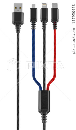 cable with connector USB, micro USB, Type-C, Lightning, a white background 137950438