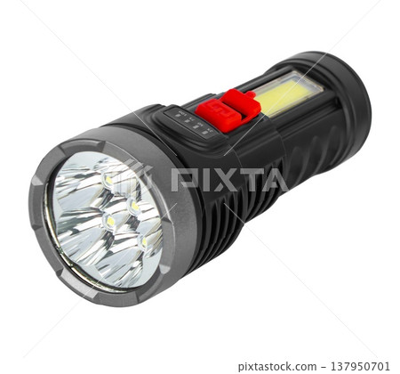 battery-powered flashlight, hand-held, on a white background 137950701