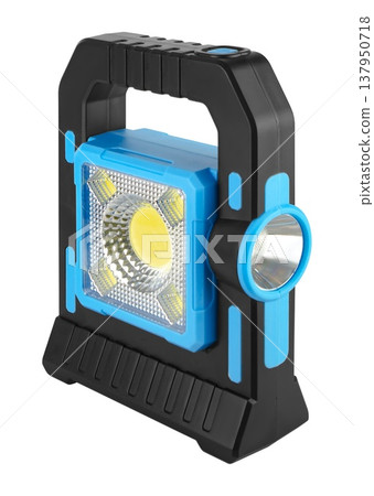 LED flashlight, battery-powered, on white background in insulation LED flashlight, battery-powered, on white background in insulation 137950718