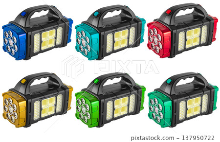 battery-powered flashlight with a handle, on a white background battery-powered flashlight with a handle, on a white background 137950722