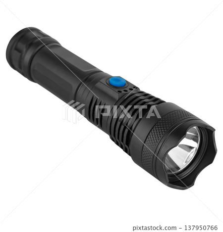 Battery-powered LED hand flashlight, on white background Battery-powered LED hand flashlight, on white background 137950766