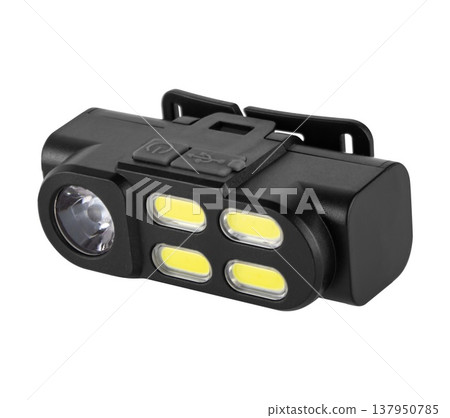 LED flashlight, headlamp, on white background in insulation 137950785