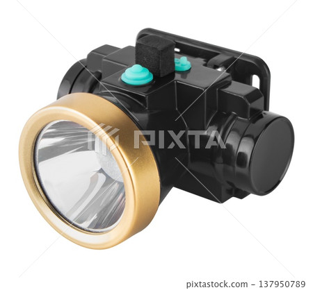 LED flashlight, headlamp, on white background in insulation LED flashlight, headlamp, on white background in insulation 137950789