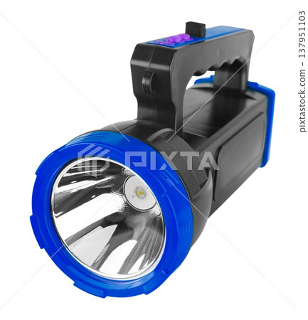 Battery-powered LED flashlight with handle, white background in insulation 137951103