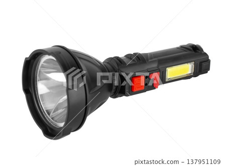 battery-powered flashlight, hand-held, on a white background 137951109