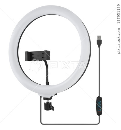 LED ring light, for selfies, with phone holder, white background LED ring light, for selfies, with phone holder, white background 137951129