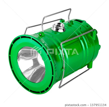 battery-powered flashlight with a handle, on a white background battery-powered flashlight with a handle, on a white background 137951134