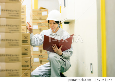 A man in work clothes who manages inventory in a warehouse A man in work clothes who manages inventory in a warehouse 137951267