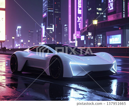 一輛白色超級跑車行駛在霓虹閃爍的未來都市中 | 賽博龐克風格的夜景 137951665