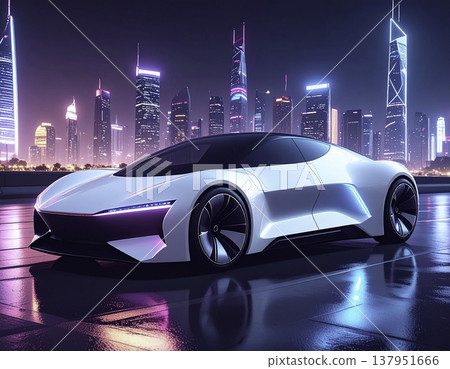 一輛白色超級跑車行駛在霓虹閃爍的未來都市中 | 賽博龐克風格的夜景 137951666
