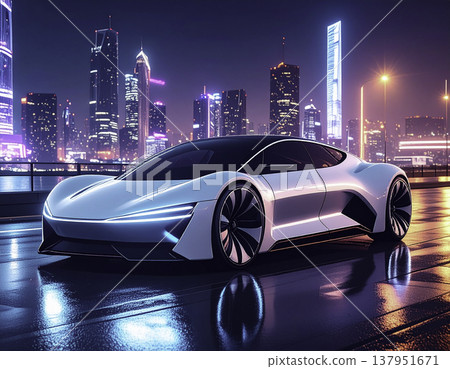 一輛白色超級跑車行駛在霓虹閃爍的未來都市中 | 賽博龐克風格的夜景 137951671