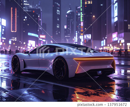 一輛白色超級跑車行駛在霓虹閃爍的未來都市中 | 賽博龐克風格的夜景 137951672