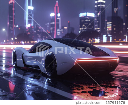 一輛白色超級跑車行駛在霓虹閃爍的未來都市中 | 賽博龐克風格的夜景 137951676