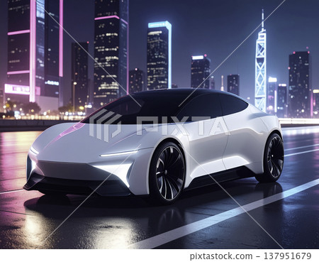 一輛白色超級跑車行駛在霓虹閃爍的未來都市中 | 賽博龐克風格的夜景 137951679