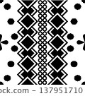 Seamless black and white geometric pattern with tribal vertical stripes, diamond shapes, zigzags, and minimal floral motifs. 137951710