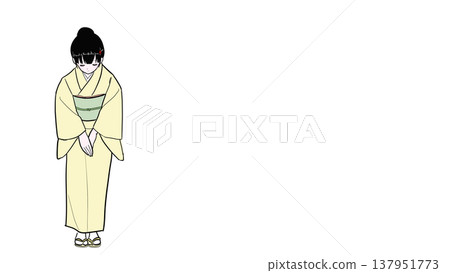 Illustration of a woman in a kimono bowing (expressing gratitude, apology, or politeness) 137951773