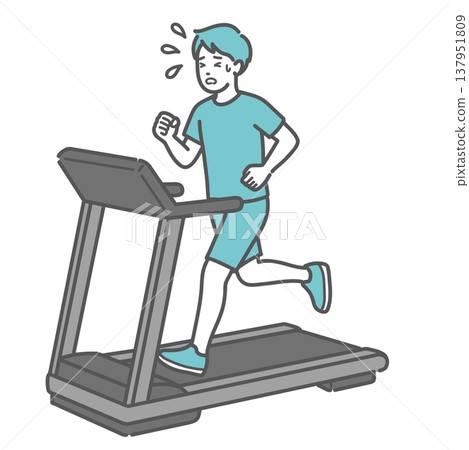 An illustration of a man sweating and running hard on a treadmill. An illustration of a man sweating and running hard on a treadmill. 137951809
