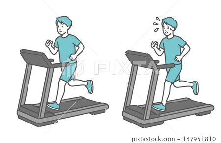 兩名男子在跑步機上跑步的比較圖(微笑 vs. 汗流浹背;舒適 vs. 吃力)。 兩名男子在跑步機上跑步的比較圖(微笑 vs. 汗流浹背;舒適 vs. 吃力)。 137951810