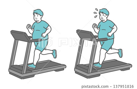 胖男人在跑步機上跑步的對比插圖(微笑 vs. 大汗淋漓;舒適 vs. 吃力)。 胖男人在跑步機上跑步的對比插圖(微笑 vs. 大汗淋漓;舒適 vs. 吃力)。 137951816