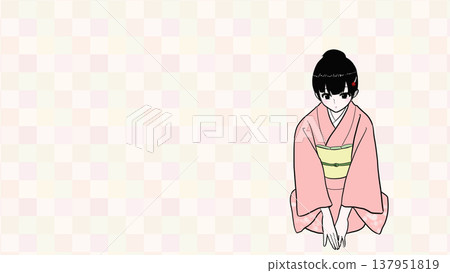 身著和服的女子跪拜鞠躬的插圖（表達感激和禮貌） 137951819