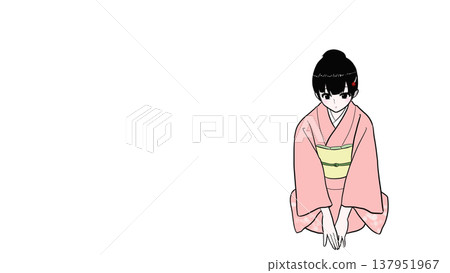 一位穿著和服的女子跪地鞠躬（表示感激或歉意）的插圖。 137951967