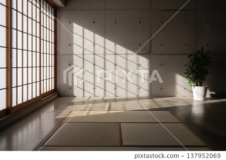 現代日式房間，陽光透過障子門和混凝土牆照射進來。 137952069