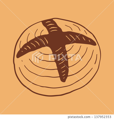 Vector illustration of a round sourdough loaf with a characteristic cross cut on top. Hand drawn brown line art icon of rustic artisan bread for bakery branding and organic food design Vector illustration of a round sourdough loaf with a characteristic cross cut on top. Hand drawn brown line art icon of rustic artisan bread for bakery branding and organic food design 137952353