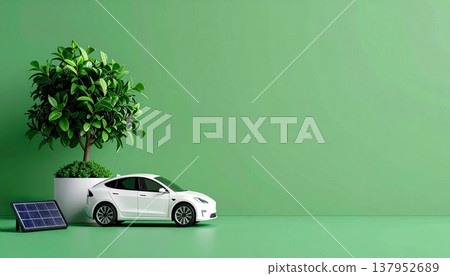 一幅展現再生能源和永續發展社會的畫面。綠色背景上點綴著微型汽車、太陽能板和植物。 137952689