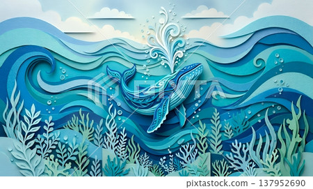 一幅以精美紙藝繪製的鯨魚和奇幻海洋背景的插圖。 137952690
