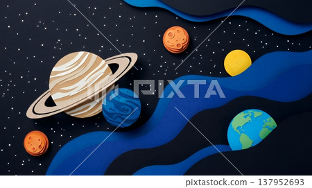 一幅以紙藝風格繪製的奇幻行星和太空背景插圖。 137952693