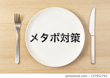 一套盤子和餐具,上面寫著「預防代謝症候群」。 一套盤子和餐具,上面寫著「預防代謝症候群」。 137952743