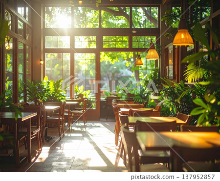 陽光灑滿的休閒空間，古董燈具點綴著綠意盎然的咖啡露台。 137952857