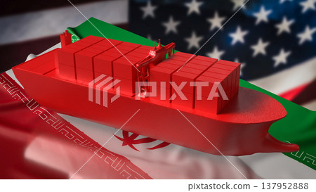Red Cargo Container Ship Over Iran And United States Flags Trade Concept 3d render. Red Cargo Container Ship Over Iran And United States Flags Trade Concept 3d render. 137952888