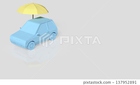 Bright Yellow Umbrella Protecting Blue Car Minimal Concept Scene 3d render. Bright Yellow Umbrella Protecting Blue Car Minimal Concept Scene 3d render. 137952891