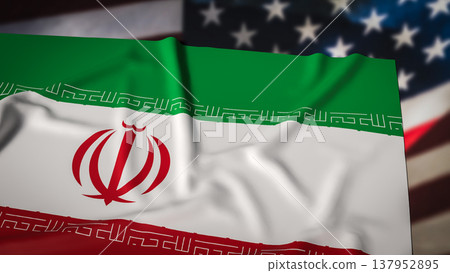 Iran National Flag With Blurred United States Flag Background Geopolitical Tension Concept 3d render. Iran National Flag With Blurred United States Flag Background Geopolitical Tension Concept 3d render. 137952895