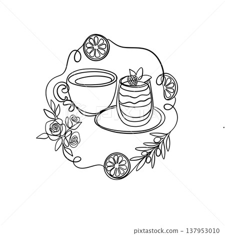 Minimalist coffee cup and berry yogurt parfait continuous line art 137953010