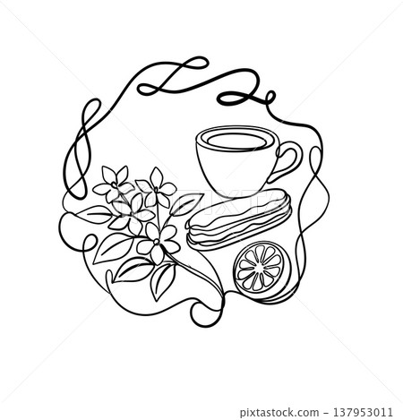 Minimalist coffee cup and eclair line art with jasmine flowers 137953011