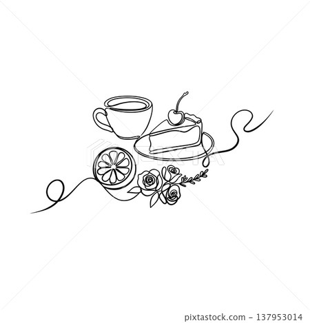 Minimalist continuous line art of coffee cup and cheesecake slice Minimalist continuous line art of coffee cup and cheesecake slice 137953014