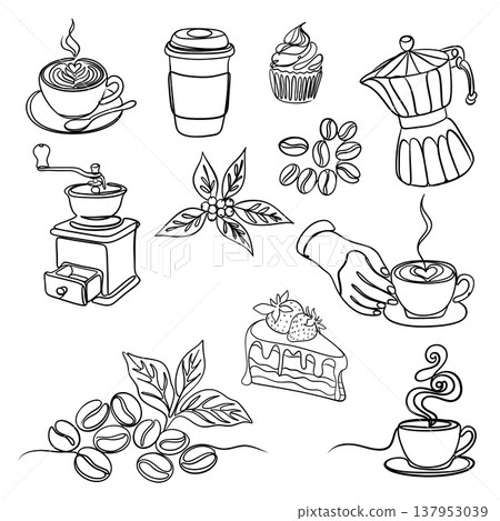 Coffee and Bakery Collection: Minimalist Continuous Line Art Illustrations 137953039