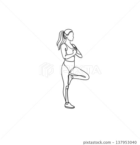 Minimalist one line drawing of a woman in yoga tree pose. Continuous line art of a girl practicing vinyasa yoga, wellness and healthy lifestyle concept. 137953040