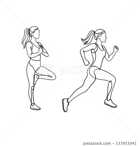 Minimal line art of women practicing yoga balance pose and running. Modern female fitness illustration with active lifestyle, mindfulness and cardio workout concept. Minimal line art of women practicing yoga balance pose and running. Modern female fitness illustration with active lifestyle, mindfulness and cardio workout concept. 137953041