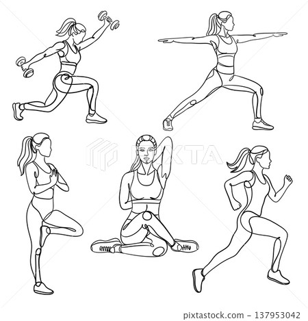 Minimal line art set of active women in yoga and fitness poses. Modern female workout illustration with wellness, strength and mindful lifestyle concept. Minimal line art set of active women in yoga and fitness poses. Modern female workout illustration with wellness, strength and mindful lifestyle concept. 137953042