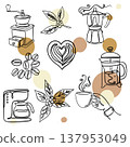 Minimalist coffee culture: continuous line art illustrations of brewing equipment, coffee beans and latte art with trendy organic shapes. 137953049