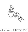 Minimalist line art of a hand holding a steaming tea cup. Hand-drawn aesthetic illustration for cozy cafe, relaxation, and morning ritual concepts. 137953050
