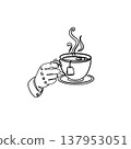 Minimalist line art of a hand holding a steaming tea cup. Hand-drawn aesthetic illustration for cozy cafe, relaxation, and morning ritual concepts. 137953051