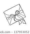 Minimalist black and white envelope outline with a ribbon bow. Hand-drawn line art for wedding invitations, letters, and elegant stationery branding. 137953052